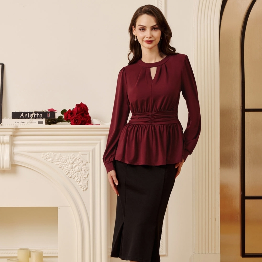 NWT - Belle Poque Retro Defined Waist w Lantern Sleeves Crew Neck Wine Top - 2XL